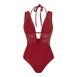 S - XL Deep V Neck Knit Fish Net Mesh Women Swimwear One Piece Swimsuit Female Monokini Backless Bather Bathing Suit Swim V7832