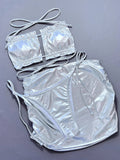 Silvery Shiny 3 Piece Swimsuit for Women,2026 New High Waist Skirt Bikini,sexy Strapless Hollow Out Backless Ruffle Bathing Suit