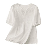 Women Summer Loose Embroidered V Neck Solid Color Short Sleeved Comfortable Button Down Shirt Top женская одежда