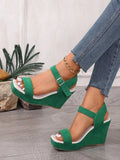2026 New Platform Wedge Sandals Solid Color Round Headed Square Buckle  High-heeled Sandals