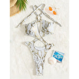 Sexy Tummy Cut Out Leopard Snakeskin Women Swimwear One Piece Swimsuit Female Halter High Cut Leg Bather Bathing Suit Swim V7972