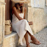 S - XL 2025 V Neck Hollow Out Crochet Knitted Tunic Beach Cover Up Long Cover-ups Beach Dress Beach Wear Beachwear Female Women