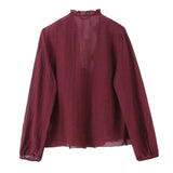 2026 Spring New Women Elegant Loose V Neck Wave Trim Polka Dot Blouse Thin Long Sleeve Top