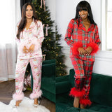 Women New Year Pajamas Set Christmas Party Loungewear Long Sleeve Feather Shirt Pants Sleepwear Santa Claus Night Wears Pyjamas
