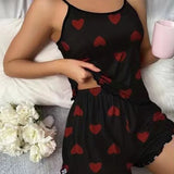 Women's Pajama Set Pajamas T-Shirts Shorts Pink Heart-Shaped Print Round Neck T-Shirt Ice Silk Top Comfortable Casual Summer
