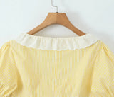 Foridol Gingham Printed Yellow Women Summer Dress Set Lace Top+skirt Sets Vintage French Style Midi Dress Oufits Plaid Vestidos