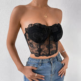 Phantasy Sexy Lace See through Crop Top Women Fashion Floral Embroidery Black Tank Top Night club Dress up 2026 Summer Outfit