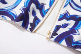 Women's Dress Blue And White Porcelain Retro Printed Metal Buckle Three-dimensional Strapless Top + Wide Skirt Two-piece Set