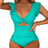 Women Monokini V-Neck Ruffle Sleeve One-Piece Swimsuit Solid Color High Waist Tummy Control Bathing Suit