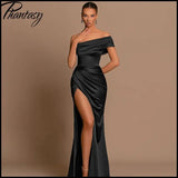 Elegant Satin Solid Color Off-Shoulder Women's Long Dress Sexy High-Waisted Flim Slit Pleated Dress for Lady Party Wedding