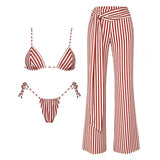 Striped 3Pcs Bandeau Biquini 2026 Women Sexy Swimsuit Push Up Swimwear Female Swimming Suits Low Waisted Bathingsuit Beachwear