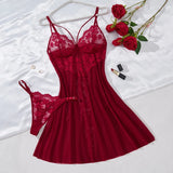 Wine Red Daisy Floral Lace Sheer Mesh Babydoll Lingerie Set Slip Nightdress With Matching Thong Women Sexy Sleepwear ZA825096