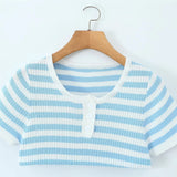 Blue And White Striped Henley Neck Knit Top Casual Short Sleeve Ribbed T Shirt For Women Summer Daily Wear Casual Fashion VGK2