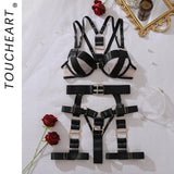 Toucheart Erotic Lingerie Stylish Metal Buckledecoration Personalized Bundled Steelring Push-up See-through Split Underwear Set