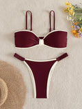 Sexy Wine Patchwork Bikini Set 2026 Women Front Tie Pleate Push Up Bra Thong Swimsuit Summer Bathing Suit Vacation Swimwear