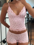 Cute Pink Floral Lace Patchwork Two-piece Pajamas Set for Women Sleepwear Sleeveless Camisoles and Slim Shorts Loungewear
