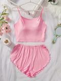 Women's Pajama Set Solid Color Camisole Crop Top and Ruffle Shorts, Sleeveless Soft Sleepwear, Summer Loungewear Outfit