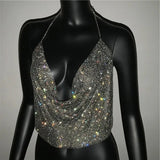 Festival Brilliant Rhinestone Backless Party Crop Top Women 2025 Summer Glitter Evening V Neck Diamonds Metal Tank Tops