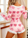 Women's Valentine's Day Heart Print Pajamas Shorts Romper Long Sleeve V Neck Lace Trim Jumpsuit Sleepwear