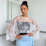 Women Solid Color Lace Tops Crew Neck Flower Cover-up Summer Sheer Tops Clubwear for Casual Daily