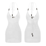 Women Backless Halter Mini Dress Casual Summer Knit Crochet Cutout Bodycon Party Dress for Beach Club Streetwear