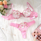 PINK embroidered floral lingerie set - a sexy bra and thong combination with heart-shaped decorations for ladies ZA824026