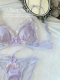 MOYISU Luxury Classic Thin Embroidery Light Luxury Silk French Underwear Sexy Pure Desire Lace Bra Set Small Chest Triangle Cup