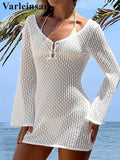 V Neck Long Sleeve Hollow Out Crochet Knitted Tunic Beach Cover Up Cover-ups Beach Dress Beach Wear Beachwear Female Women V7643