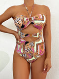 2026 Halter Hollow Swimsuit One Piece Sexy Print Ring Link Swimwear Women Bathing Swimming Swim Suit Padded Beachwear Summer XXL