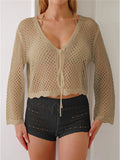 V Neck Long Sleeve Hollow Out Crochet Knitted Tunic Beach Dress Beach Wear Beachwear Beach Cover Up Cover-upsFemale Women V7192
