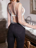 Women Rhinestone Fishnet T-shirt Solid Color Long Sleeve Crop Tops See Through Hollow Out Sexy Shirts Female Smock Tops