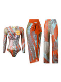 S - XXL 3PCS New Printed Long Sleeve With Pants Sarong Women Swimwear One Piece Swimsuit Female Bather Bathing Suit Swim K7180