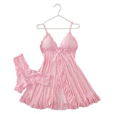 2 Pcs Set Sexy Lingerie Set Women Deep V Slip Dress Thong Erotic Bra Panty Sets Lace Nightdress Transparent Soft Nightgown