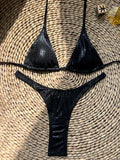 Halter Diamond Rhinestones Mini Thong Bikini Female Swimsuit Women Swimwear Two-pieces Bikini Set PU Leather Bathing Suit Swim