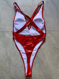 PU Leather V Neck Extreme Mini String Thong Women Swimwear One Piece Swimsuit Female Monokini Cross Backless Bathing Suit Swim