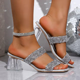 Shiny Sequins High Heels Sandals Women Plus Size 43 Square Toe Transparent Heel Slippers Woman Slip On Gold Crystal Party Shoes