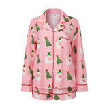 Women's Christmas Two Pieces Pajama Set Long Sleeve Lapel Santa Claus/Christmas Tree Print Shirt Shorts Loose Sleepwear