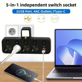 EU Plug Socket 4 Sockets Power Strip With 2 USB Type-C Port Without Extension Wall Charger Adapter For Home Offices