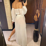 2026 Leopard Off Shoulder Long Sleeve 2 Pieces Set Beach Cover Up Cover-ups Beach Dress Beach Wear Beachwear Female Women V3728