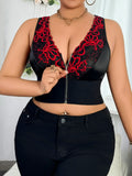 Plus Size Baddie Lingerie Set, Embroidered Zipper Front Deep V Wireless Push-up Bra