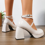 Fashion Ankle Wrap Thick High Heels Pumps Women Elegant Round Toe Platform Mary Jane Shoes Woman Patent Leather Pumps Ladies