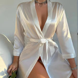 Solid Satin Night Robe Long Sleeve V Neck Robe With Belt Women's Sleepwear