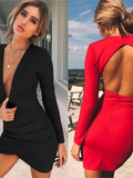 Solid Color Slim Mini Dresses Women 2024 Sexy Deep V-neck Backless Package Hip Bodycon Dress Female Fashion Party Club Vestidos