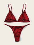 Sexy Satin Wine Red Triangle Micro Bikini Sets Two Pieces Thong Swimsuit Swimwear Beach Outfits for Women Conjunto De Bikini