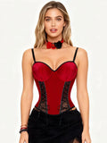 Christmas Red Black Lace Fishnet Boned Bodysuit, Sexy Push Up Corset Shapewear with Side Smoothing, Tummy Control Lingerie