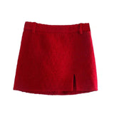 Foridol Double Breasted O Neck Short Blazer Skirt Sets Two Pieces Office Ladies Red Winter Thick Cozy Suits Elegant Blazer Top