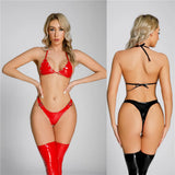 Sexy Women Wetlook PU Faux Leather Bikini Set Bra Short Suit PVC Latex Shiny Set Suit Oil Glossy Bandage High Cut Thong Clubwear