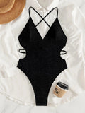 Cross Backless Ribbed V Neck Thong Female Swimwear One Piece Swimsuit Women Monokini High Cut Leg Bathing Suit Swim Bodysuit