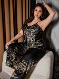 Spring Plus Size V Neck Cherry Print Women Pajama Set Sexy Spaghetti Strap Top and Leg Pants 2 Piece Sleepwear for Home Wear