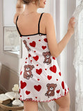 Summer Cute Teddy Bear & Hearts Printed Nightgowns Women's Sleeveless Ruffled Hem Sleep Dress Loungewear Sleepwear